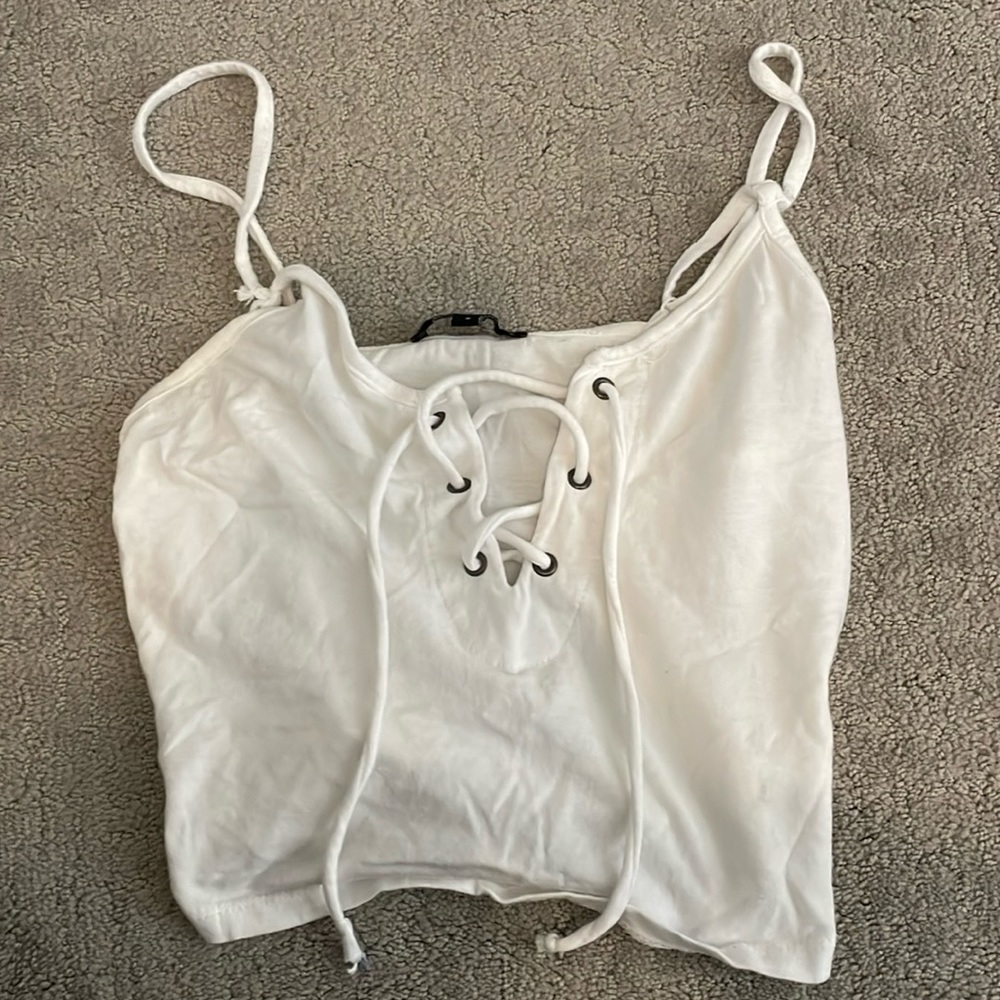 Used White Tank Top - Laced Up Chest